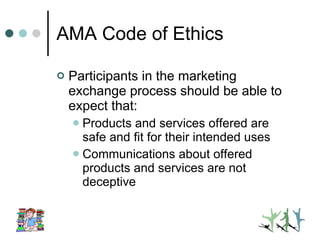 AMA Code of Ethics Participants in the marketing exchange process should be able to expect that: Products and services offered are safe and fit for their intended uses Communications about offered products and services are not deceptive 