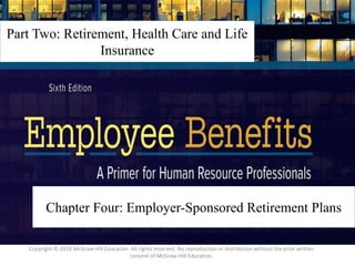 4 – 1
Part Two: Retirement, Health Care and Life
Insurance
Chapter Four: Employer-Sponsored Retirement Plans
Copyright © 2018 McGraw-Hill Education. All rights reserved. No reproduction or distribution without the prior written
consent of McGraw-Hill Education.
 