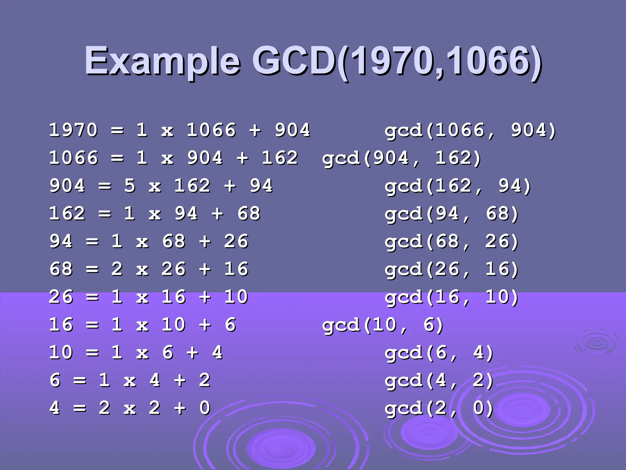 Example GCD(1970,1066)
Example GCD(1970,1066)
1970 = 1 x 1066 + 904
1970 = 1 x 1066 + 904 gcd(1066, 904)
gcd(1066, 904)
1066 = 1 x 904 + 162
1066 = 1 x 904 + 162 gcd(904, 162)
gcd(904, 162)
904 = 5 x 162 + 94
904 = 5 x 162 + 94 gcd(162, 94)
gcd(162, 94)
162 = 1 x 94 + 68
162 = 1 x 94 + 68 gcd(94, 68)
gcd(94, 68)
94 = 1 x 68 + 26
94 = 1 x 68 + 26 gcd(68, 26)
gcd(68, 26)
68 = 2 x 26 + 16
68 = 2 x 26 + 16 gcd(26, 16)
gcd(26, 16)
26 = 1 x 16 + 10
26 = 1 x 16 + 10 gcd(16, 10)
gcd(16, 10)
16 = 1 x 10 + 6
16 = 1 x 10 + 6 gcd(10, 6)
gcd(10, 6)
10 = 1 x 6 + 4
10 = 1 x 6 + 4 gcd(6, 4)
gcd(6, 4)
6 = 1 x 4 + 2
6 = 1 x 4 + 2 gcd(4, 2)
gcd(4, 2)
4 = 2 x 2 + 0
4 = 2 x 2 + 0 gcd(2, 0)
gcd(2, 0)
 