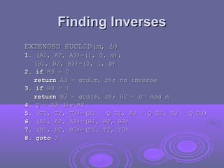 Finding Inverses
Finding Inverses
EXTENDED EUCLID(
EXTENDED EUCLID(m
m,
, b
b)
)
1.
1. (A1, A2, A3)=(1, 0,
(A1, A2, A3)=(1, 0, m
m);
);
(B1, B2, B3)=(0, 1,
(B1, B2, B3)=(0, 1, b
b)
)
2. if
2. if B3 = 0
B3 = 0
return
return A3 = gcd(
A3 = gcd(m
m,
, b
b); no inverse
); no inverse
3. if
3. if B3 = 1
B3 = 1
return
return B3 = gcd(
B3 = gcd(m
m,
, b
b); B2 =
); B2 = b
b–1
–1
mod
mod m
m
4.
4. Q = A3 div B3
Q = A3 div B3
5.
5. (T1, T2, T3)=(A1 – Q B1, A2 – Q B2, A3 – Q B3)
(T1, T2, T3)=(A1 – Q B1, A2 – Q B2, A3 – Q B3)
6.
6. (A1, A2, A3)=(B1, B2, B3)
(A1, A2, A3)=(B1, B2, B3)
7.
7. (B1, B2, B3)=(T1, T2, T3)
(B1, B2, B3)=(T1, T2, T3)
8. goto
8. goto 2
2
 