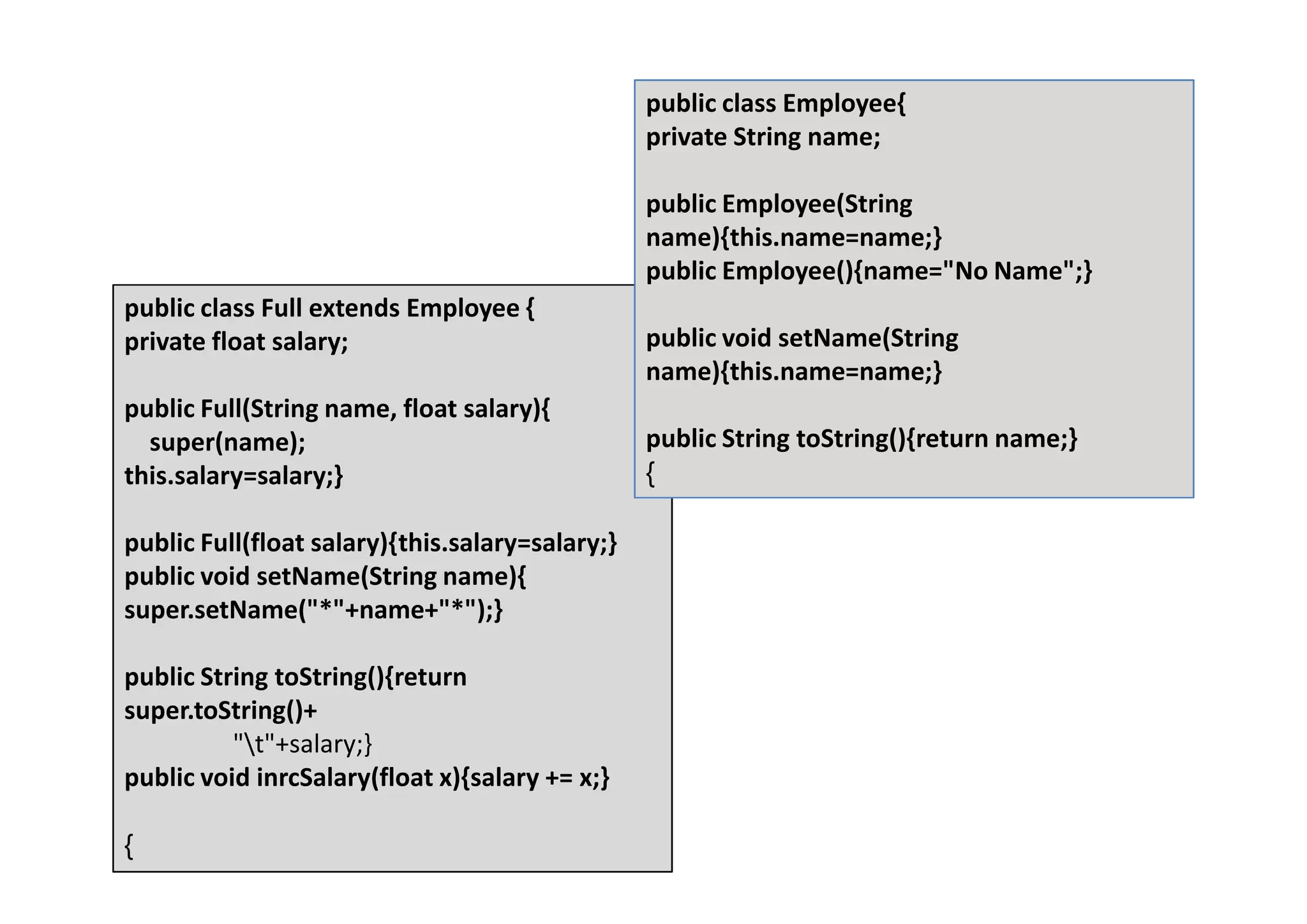 public class Employee{
                                                 private String name;

                                                 public Employee(String
                                                 name){this.name=name;}
                                                 public Employee(){name="No Name";}
public class Full extends Employee {
private float salary;                            public void setName(String
                                                 name){this.name=name;}
public Full(String name, float salary){
  super(name);                                   public String toString(){return name;}
this.salary=salary;}                             {

public Full(float salary){this.salary=salary;}
public void setName(String name){
super.setName("*"+name+"*");}

public String toString(){return
super.toString()+
          "t"+salary;}
public void inrcSalary(float x){salary += x;}

{
 