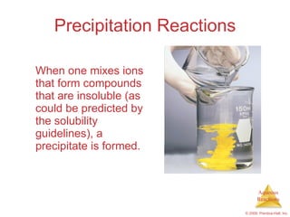 Precipitation Reactions When one mixes ions that form compounds that are insoluble (as could be predicted by the solubility guidelines), a precipitate is formed. 