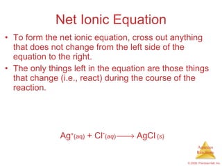 Net Ionic Equation To form the net ionic equation, cross out anything that does not change from the left side of the equation to the right. The only things left in the equation are those things that change (i.e., react) during the course of the reaction. Ag + (aq)  + Cl - ( aq )     AgCl   ( s ) 