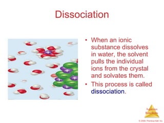 Dissociation When an ionic substance dissolves in water, the solvent pulls the individual ions from the crystal and solvates them. This process is called  dissociation . 