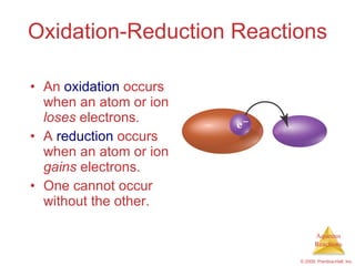 Oxidation-Reduction Reactions An  oxidation  occurs when an atom or ion  loses  electrons. A  reduction  occurs when an atom or ion  gains  electrons. One cannot occur without the other. 
