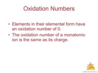 Oxidation Numbers Elements in their elemental form have an oxidation number of 0. The oxidation number of a monatomic ion is the same as its charge. 
