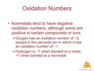 Oxidation Numbers Nonmetals tend to have negative oxidation numbers, although some are positive in certain compounds or ions. Oxygen has an oxidation number of  − 2, except in the peroxide ion in which it has an oxidation number of  − 1. Hydrogen is  − 1 when bonded to a metal, +1 when bonded to a nonmetal. 