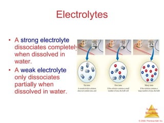 Electrolytes A  strong electrolyte  dissociates completely when dissolved in water. A  weak electrolyte  only dissociates partially when dissolved in water. 