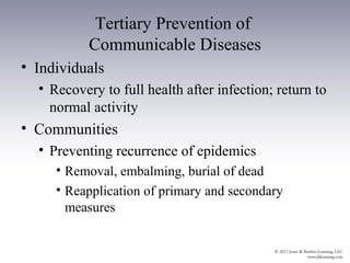 Tertiary Prevention of
           Communicable Diseases
• Individuals
  • Recovery to full health after infection; return to
    normal activity
• Communities
  • Preventing recurrence of epidemics
     • Removal, embalming, burial of dead
     • Reapplication of primary and secondary
       measures
 