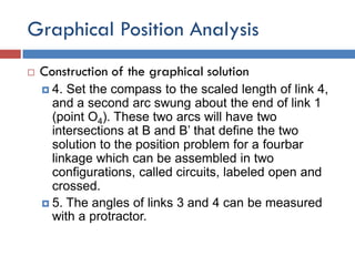 Graphical Position Analysis
 Construction of the graphical solution
 4. Set the compass to the scaled length of link 4,
and a second arc swung about the end of link 1
(point O4). These two arcs will have two
intersections at B and B’ that define the two
solution to the position problem for a fourbar
linkage which can be assembled in two
configurations, called circuits, labeled open and
crossed.
 5. The angles of links 3 and 4 can be measured
with a protractor.
 