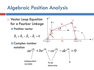 Algebraic Position Analysis
 Vector Loop Equation
for a Fourbar Linkage
 Position vector
 Complex number
notation
01432  RRRR

01432
  jjjj
decebeae
0Independent
variable
To be
determine
 