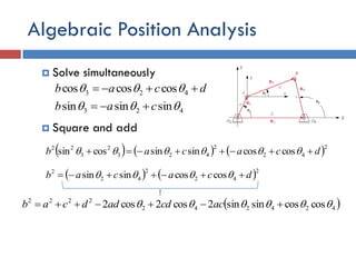 Algebraic Position Analysis
 Solve simultaneously
 Square and add
dcab  423 coscoscos 
423 sinsinsin  cab 
     2
42
2
423
2
3
22
coscossinsincossin dcacab  
   2
42
2
42
2
coscossinsin dcacab  
 424242
2222
coscossinsin2cos2cos2   accdaddcab
 