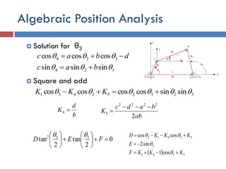Algebraic Position Analysis
 Solution for θ3
 Square and add
dbac  324 coscoscos 
324 sinsinsin  bac 
323252431 sinsincoscoscoscos   KKK
b
d
K 4
ab
badc
K
2
2222
5


0
2
tan
2
tan 332












FED

  5241
2
52412
cos1
sin2
coscos
KKKF
E
KKKD






 