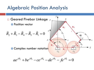 Algebraic Position Analysis
 Geared Fivebar Linkage
 Position vector
 Complex number notation
015432  RRRRR

015432
  jjjjj
fedecebeae
 