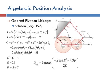 Algebraic Position Analysis
 Geared Fivebar Linkage
 Solution (pag. 196)







 

D
DFEE
2
4
arctan2
2
4 2,1

  
  
   
 









22
22
2
22222
22
22
sinsin2
coscos2
cos2
sinsin2
coscos2
ad
fad
affdcbaC
adcB
fadcA
CAF
BE
ACD



2
 