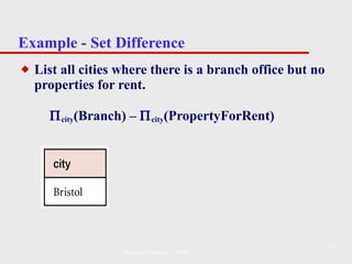 Example - Set Difference List all cities where there is a branch office but no properties for rent.  city (Branch) –   city (PropertyForRent) Pearson Education © 2009 