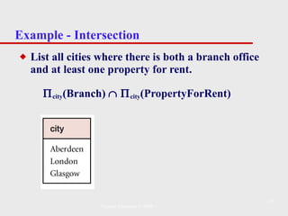 Example - Intersection List all cities where there is both a branch office and at least one property for rent.  city (Branch)      city (PropertyForRent) Pearson Education © 2009 