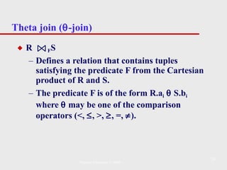 Theta join (  -join) R  F S Defines a relation that contains tuples satisfying the predicate F from the Cartesian product of R and S.  The predicate F is of the form R.a i     S.b i  where    may be one of the comparison operators (<,   , >,   , =,   ). Pearson Education © 2009 
