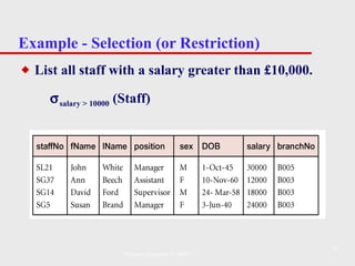 Example - Selection (or Restriction) List all staff with a salary greater than £10,000.  salary > 10000  (Staff) Pearson Education © 2009 