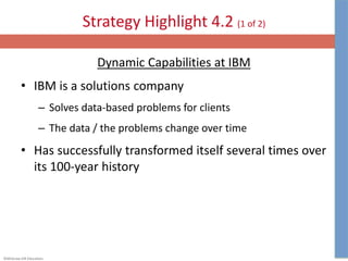 ©McGraw-Hill Education.
Strategy Highlight 4.2 (1 of 2)
Dynamic Capabilities at IBM
• IBM is a solutions company
– Solves data-based problems for clients
– The data / the problems change over time
• Has successfully transformed itself several times over
its 100-year history
 