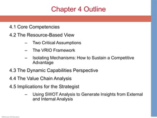 ©McGraw-Hill Education.
Chapter 4 Outline
4.1 Core Competencies
4.2 The Resource-Based View
– Two Critical Assumptions
– The VRIO Framework
– Isolating Mechanisms: How to Sustain a Competitive
Advantage
4.3 The Dynamic Capabilities Perspective
4.4 The Value Chain Analysis
4.5 Implications for the Strategist
– Using SWOT Analysis to Generate Insights from External
and Internal Analysis
 