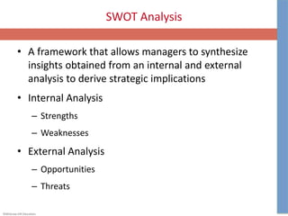 ©McGraw-Hill Education.
SWOT Analysis
• A framework that allows managers to synthesize
insights obtained from an internal and external
analysis to derive strategic implications
• Internal Analysis
– Strengths
– Weaknesses
• External Analysis
– Opportunities
– Threats
 