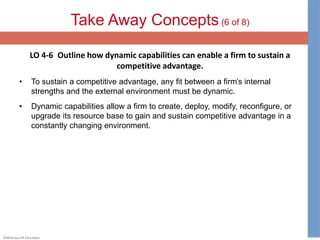 ©McGraw-Hill Education.
Take Away Concepts (6 of 8)
LO 4-6 Outline how dynamic capabilities can enable a firm to sustain a
competitive advantage.
• To sustain a competitive advantage, any fit between a firm’s internal
strengths and the external environment must be dynamic.
• Dynamic capabilities allow a firm to create, deploy, modify, reconfigure, or
upgrade its resource base to gain and sustain competitive advantage in a
constantly changing environment.
 