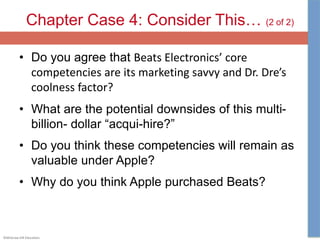 ©McGraw-Hill Education.
Chapter Case 4: Consider This… (2 of 2)
• Do you agree that Beats Electronics’ core
competencies are its marketing savvy and Dr. Dre’s
coolness factor?
• What are the potential downsides of this multi-
billion- dollar “acqui-hire?”
• Do you think these competencies will remain as
valuable under Apple?
• Why do you think Apple purchased Beats?
 
