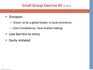 ©McGraw-Hill Education.
Small Group Exercise #2 (1 of 2)
• Groupon:
– Vision: to be a global leader in local commerce
– Core Competency: local market making
• Low barriers to entry
• Easily imitated
 