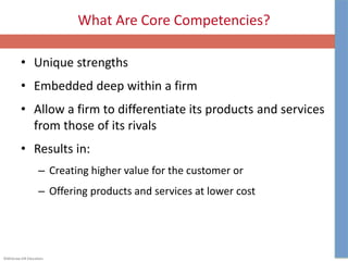 ©McGraw-Hill Education.
What Are Core Competencies?
• Unique strengths
• Embedded deep within a firm
• Allow a firm to differentiate its products and services
from those of its rivals
• Results in:
– Creating higher value for the customer or
– Offering products and services at lower cost
 