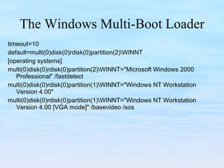 The Windows Multi-Boot Loader timeout=10 default=multi(0)disk(0)rdisk(0)partition(2)\WINNT [operating systems] multi(0)disk(0)rdisk(0)partition(2)\WINNT="Microsoft Windows 2000 Professional" /fastdetect multi(0)disk(0)rdisk(0)partition(1)\WINNT="Windows NT Workstation Version 4.00"  multi(0)disk(0)rdisk(0)partition(1)\WINNT="Windows NT Workstation Version 4.00 [VGA mode]" /basevideo /sos 