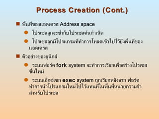 Process Creation (Cont.) <ul><li>พื้นที่ของแอดเดรส  Address space </li></ul><ul><ul><li>โปรเซสลูกจะซ้ำกับโปรเซสต้นกำเนิด  ...