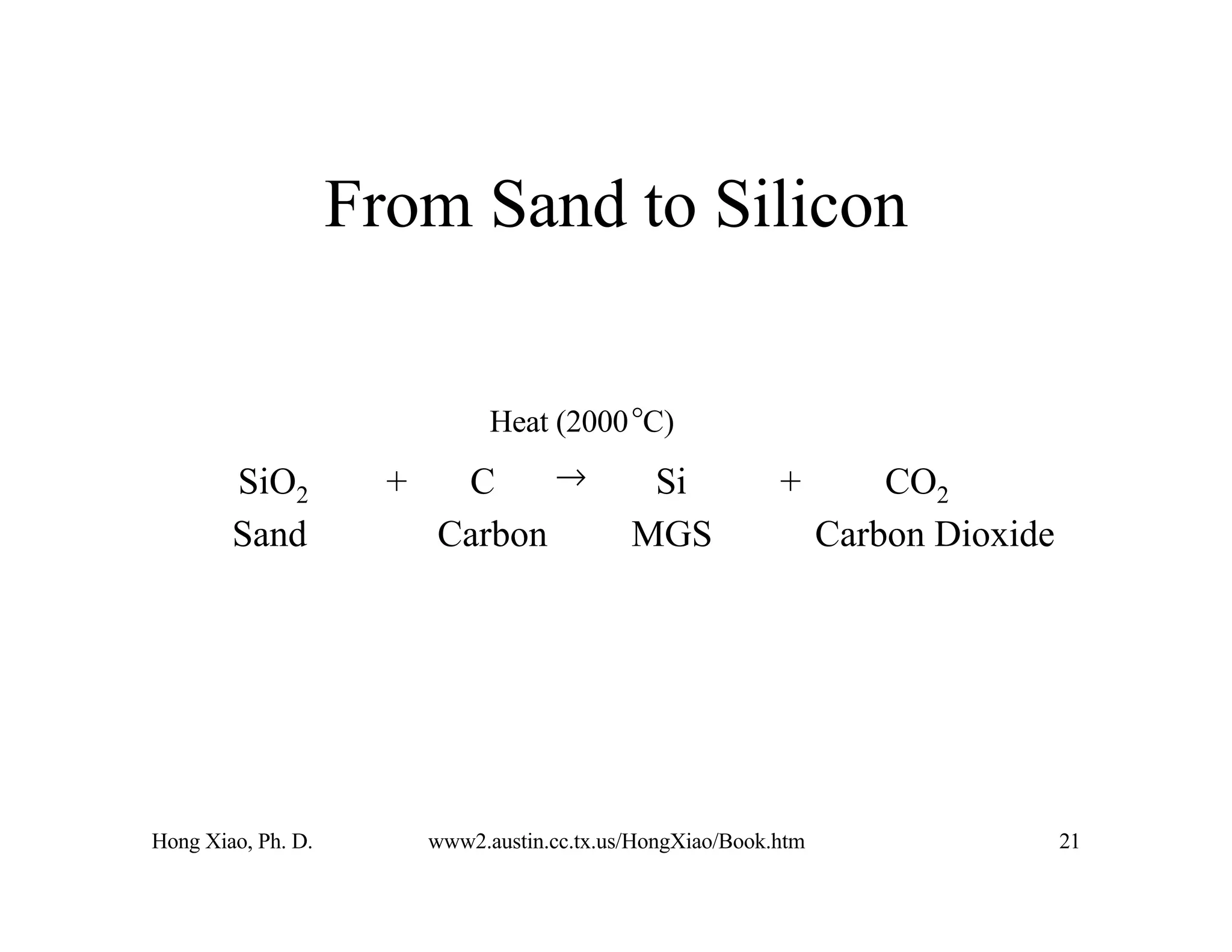 Hong Xiao, Ph. D. www2.austin.cc.tx.us/HongXiao/Book.htm 21
From Sand to Silicon
Heat (2000°C)
SiO2 + C → Si + CO2
Sand Carbon MGS Carbon Dioxide
 