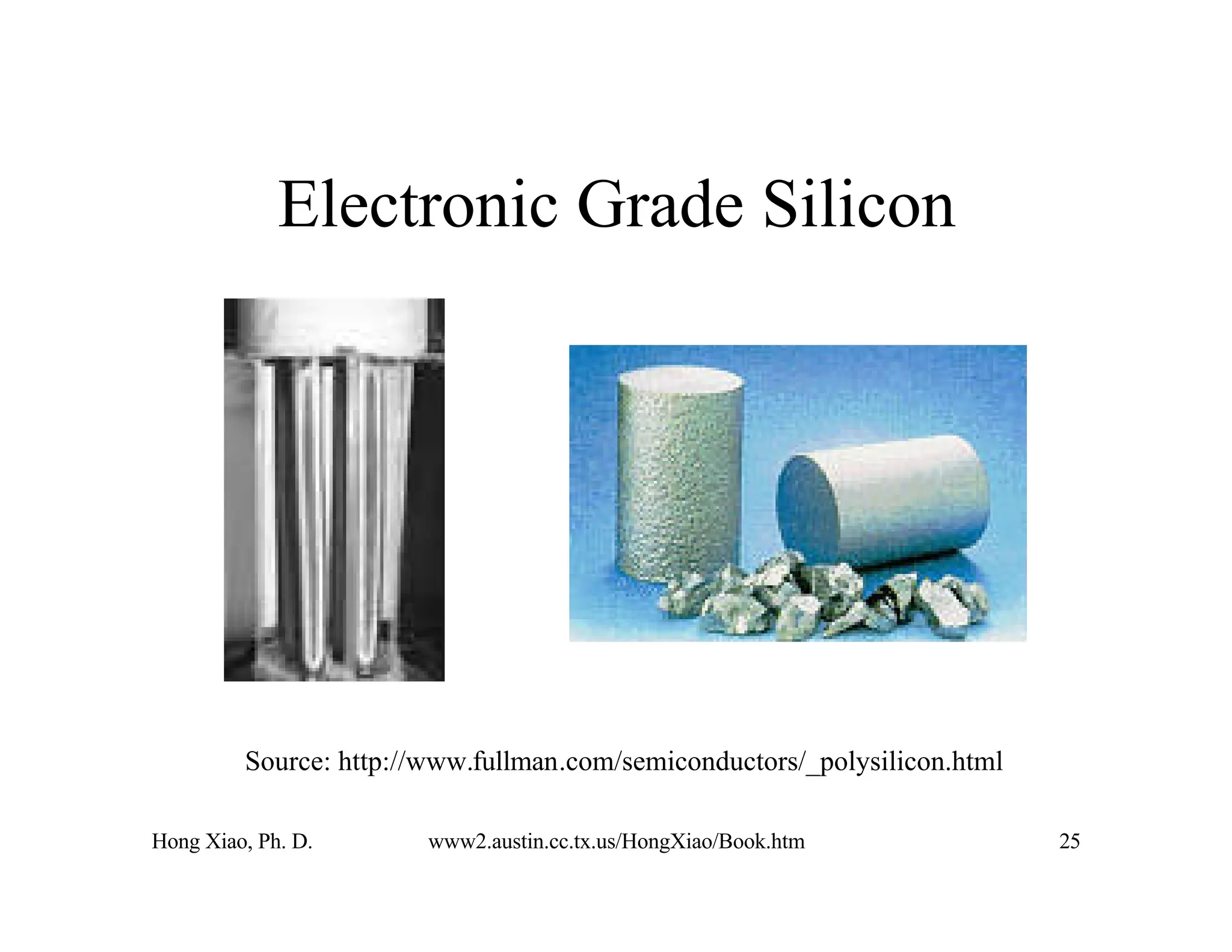Hong Xiao, Ph. D. www2.austin.cc.tx.us/HongXiao/Book.htm 25
Electronic Grade Silicon
Source: http://www.fullman.com/semiconductors/_polysilicon.html
 