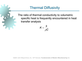 ©2007 John Wiley & Sons, Inc.  M P Groover, Fundamentals of Modern Manufacturing 3/eThermal DiffusivityThe ratio of thermal conductivity to volumetric specific heat is frequently encountered in heat transfer analysis  