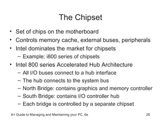 The Chipset Set of chips on the motherboard  Controls memory cache, external buses, peripherals Intel dominates the market for chipsets Example: i800 series of chipsets Intel 800 series Accelerated Hub Architecture  All I/O buses connect to a hub interface The hub connects to the system bus North Bridge: contains graphics and memory controller South Bridge: contains I/O controller hub Each bridge is controlled by a separate chipset  