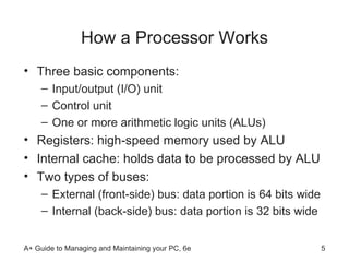 How a Processor Works Three basic components: Input/output (I/O) unit Control unit One or more arithmetic logic units (ALUs) Registers: high-speed memory used by ALU Internal cache: holds data to be processed by ALU  Two types of buses: External (front-side) bus: data portion is 64 bits wide Internal (back-side) bus: data portion is 32 bits wide  