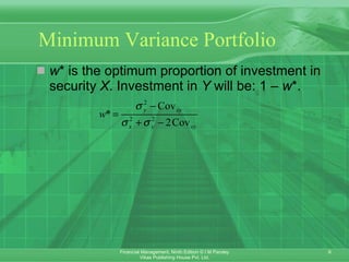 Minimum Variance Portfolio w * is the optimum proportion of investment in security  X . Investment in  Y  will be: 1 –  w *.  