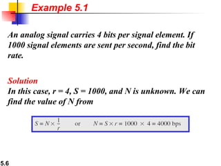 An analog signal carries 4 bits per signal element. If 1000 signal elements are sent per second, find the bit rate. Solution In this case, r = 4, S = 1000, and N is unknown. We can find the value of N from Example 5.1 