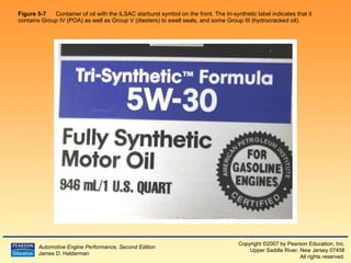 Figure 5-7   Container of oil with the ILSAC starburst symbol on the front. The tri-synthetic label indicates that it contains Group IV (POA) as well as Group V (diesters) to swell seals, and some Group III (hydrocracked oil).  
