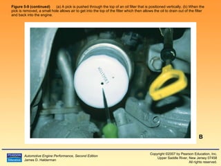 Figure 5-9 (continued)   (a) A pick is pushed through the top of an oil filter that is positioned vertically. (b) When the pick is removed, a small hole allows air to get into the top of the filter which then allows the oil to drain out of the filter and back into the engine. B 