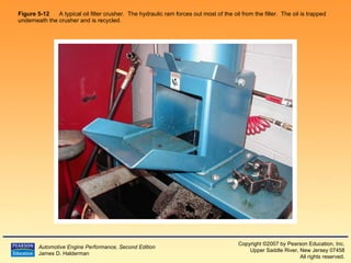 Figure 5-12   A typical oil filter crusher.  The hydraulic ram forces out most of the oil from the filter.  The oil is trapped underneath the crusher and is recycled.  