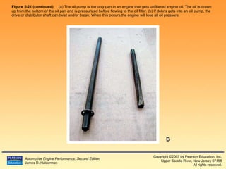Figure 5-21 (continued)   (a) The oil pump is the only part in an engine that gets unfiltered engine oil. The oil is drawn up from the bottom of the oil pan and is pressurized before flowing to the oil filter. (b) If debris gets into an oil pump, the drive or distributor shaft can twist and/or break. When this occurs,the engine will lose all oil pressure. B 