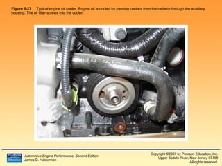 Figure 5-27  Typical engine oil cooler. Engine oil is cooled by passing coolant from the radiator through the auxiliary housing. The oil filter screws into the cooler. 