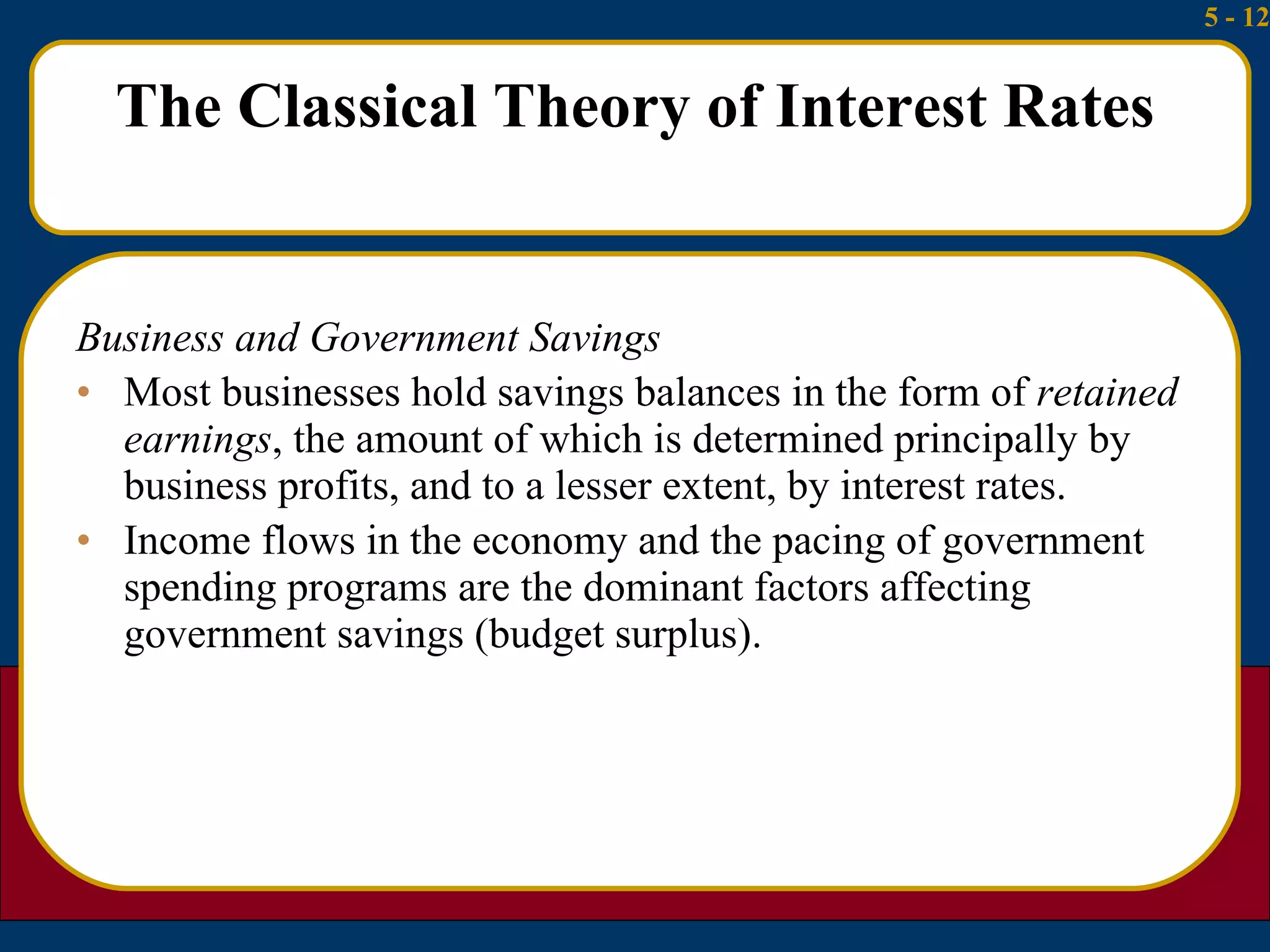 The Classical Theory of Interest Rates Business and Government Savings Most businesses hold savings balances in the form of  retained earnings , the amount of which is determined principally by business profits, and to a lesser extent, by interest rates. Income flows in the economy and the pacing of government spending programs are the dominant factors affecting government savings (budget surplus). 