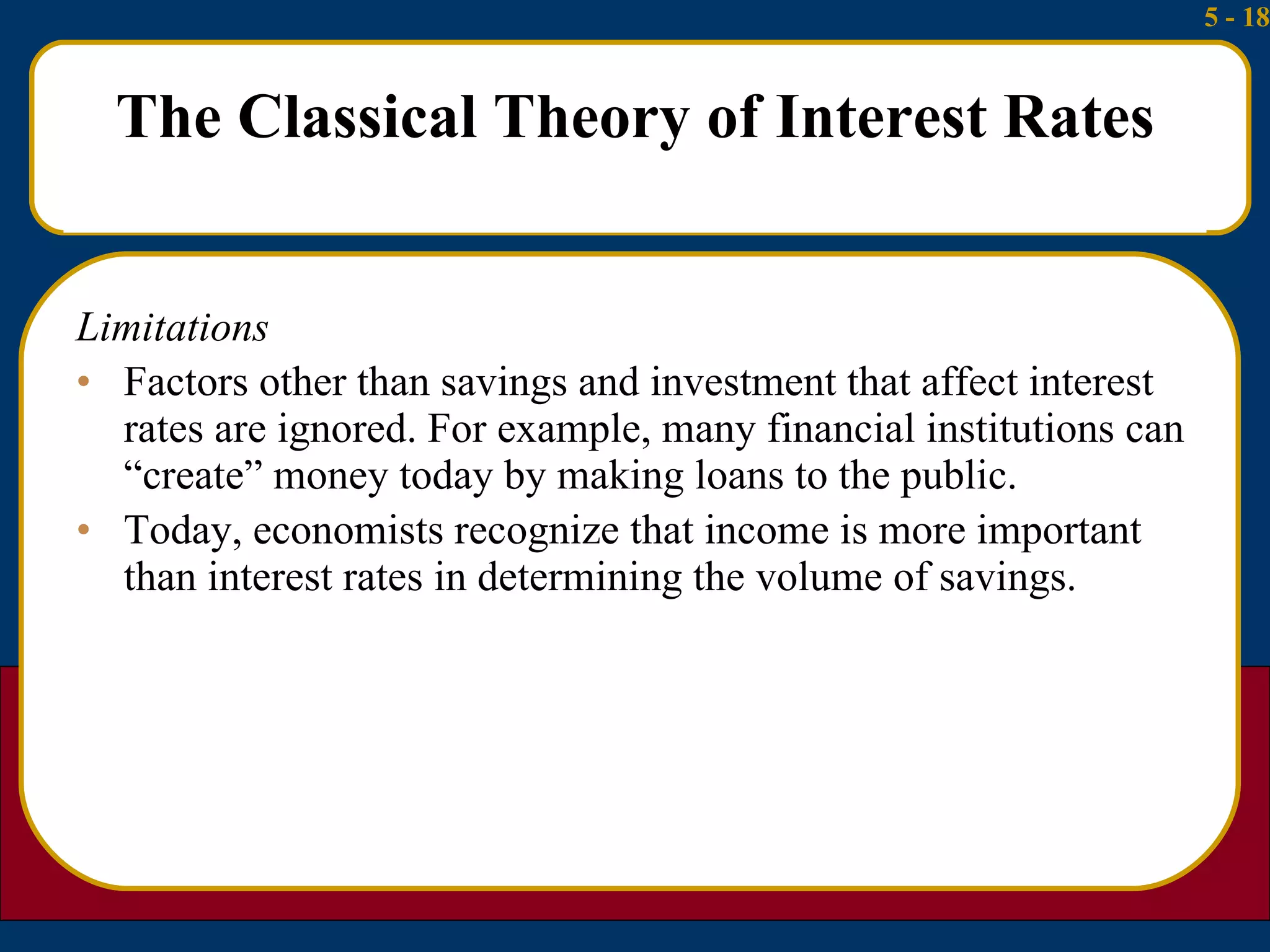The Classical Theory of Interest Rates Limitations Factors other than savings and investment that affect interest rates are ignored. For example, many financial institutions can “create” money today by making loans to the public. Today, economists recognize that income is more important than interest rates in determining the volume of savings.  