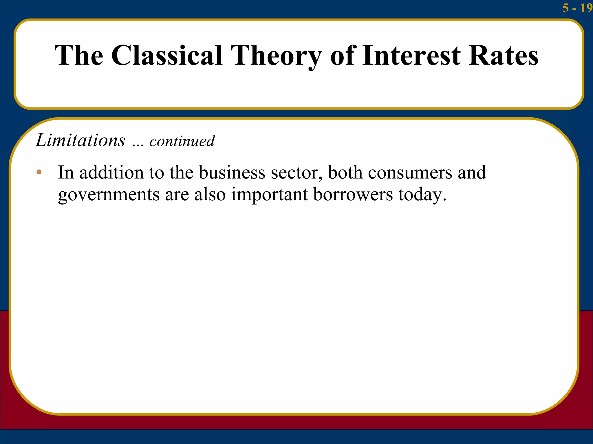 The Classical Theory of Interest Rates In addition to the business sector, both consumers and governments are also important borrowers today. Limitations  … continued 