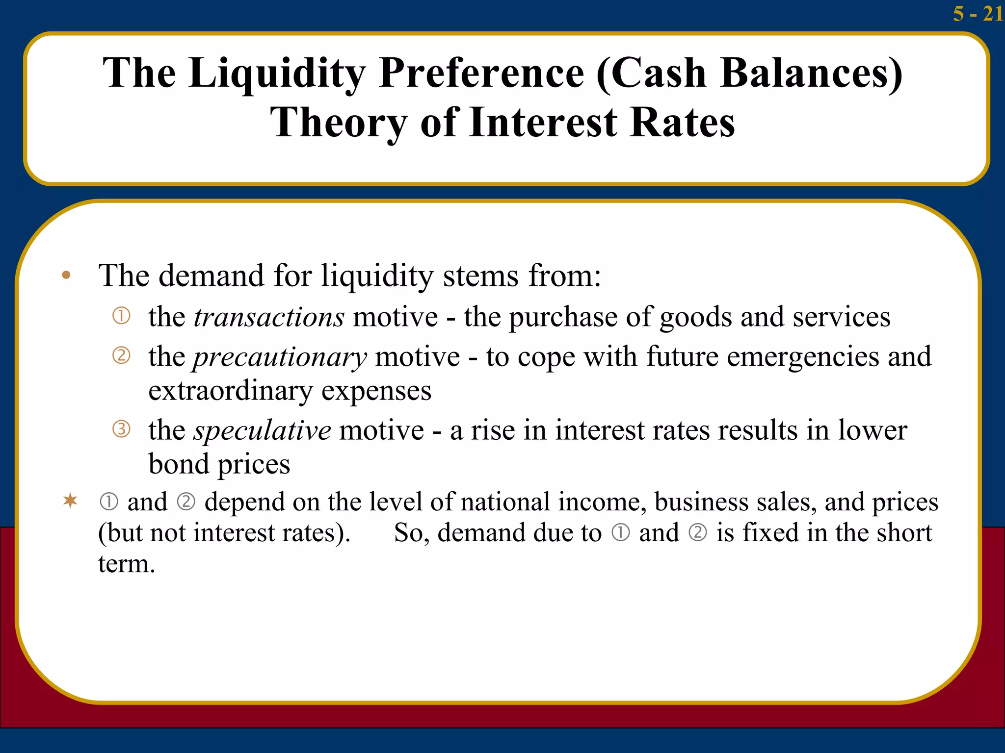 The Liquidity Preference (Cash Balances) Theory of Interest Rates The demand for liquidity stems from:  the  transactions  motive - the purchase of goods and services the  precautionary  motive - to cope with future emergencies and extraordinary expenses the  speculative  motive - a rise in interest rates results in lower bond prices    and    depend on the level of national income, business sales, and prices (but not interest rates).  So, demand due to    and    is fixed in the short term. 