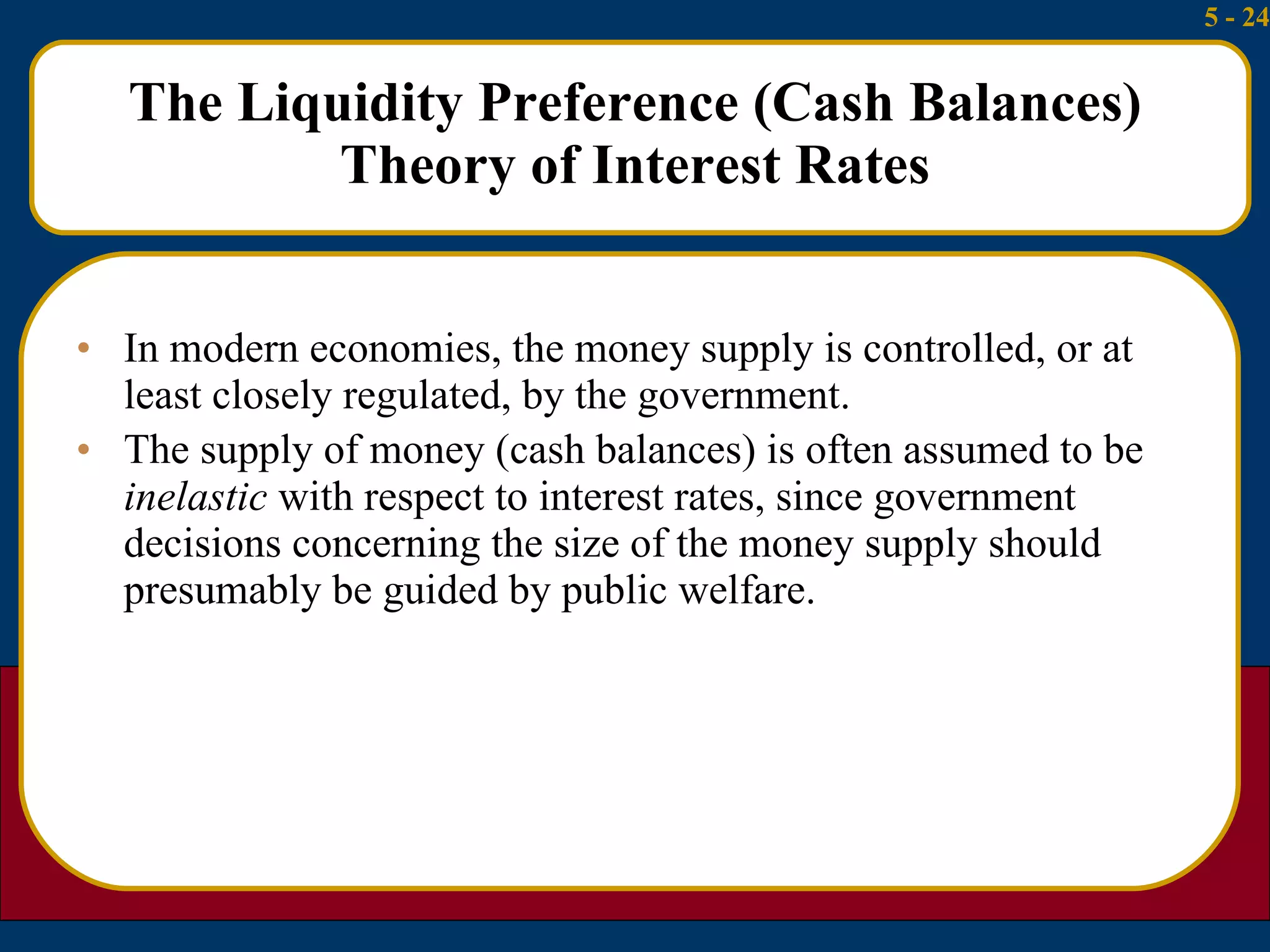 The Liquidity Preference (Cash Balances) Theory of Interest Rates In modern economies, the money supply is controlled, or at least closely regulated, by the government. The supply of money (cash balances) is often assumed to be  inelastic  with respect to interest rates, since government decisions concerning the size of the money supply should presumably be guided by public welfare. 