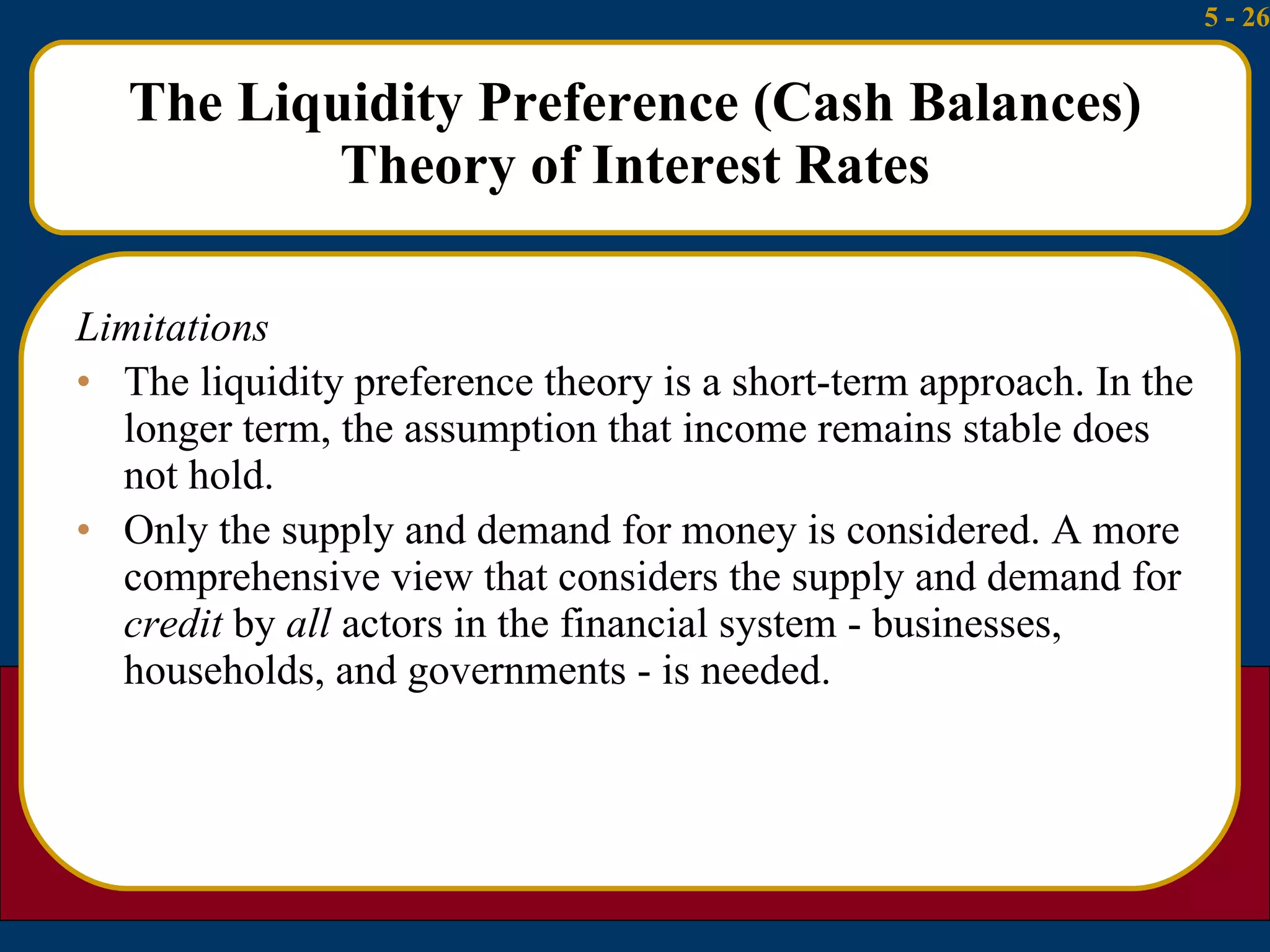 The Liquidity Preference (Cash Balances) Theory of Interest Rates Limitations The liquidity preference theory is a short-term approach. In the longer term, the assumption that income remains stable does not hold. Only the supply and demand for money is considered. A more comprehensive view that considers the supply and demand for  credit  by  all  actors in the financial system - businesses, households, and governments - is needed. 